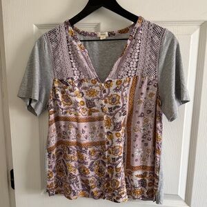 Lace Patchwork V-Neck Blouse - Lavender and Gray